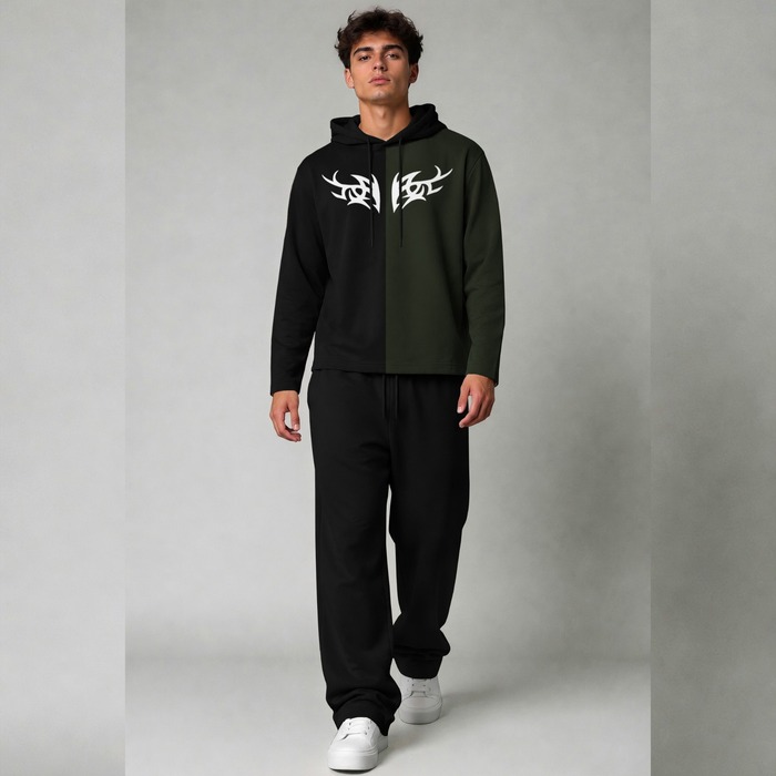 Men's Two-Tone Split Tribal Graphic Hoodie Tracksuit Set