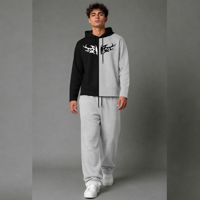 Men's Two-Tone Split Tribal Graphic Hoodie Tracksuit Set