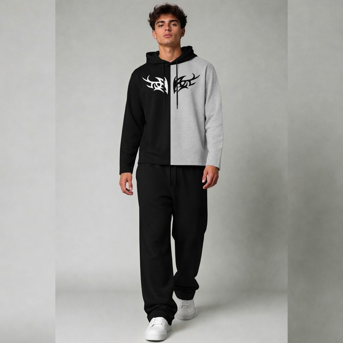 Men's Two-Tone Split Tribal Graphic Hoodie Tracksuit Set