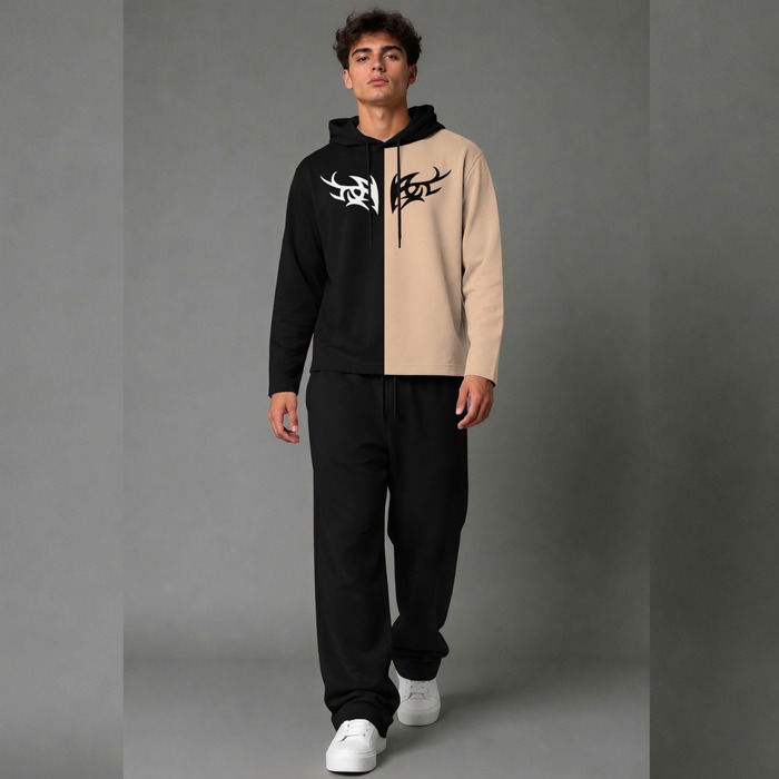 Men's Two-Tone Split Tribal Graphic Hoodie Tracksuit Set