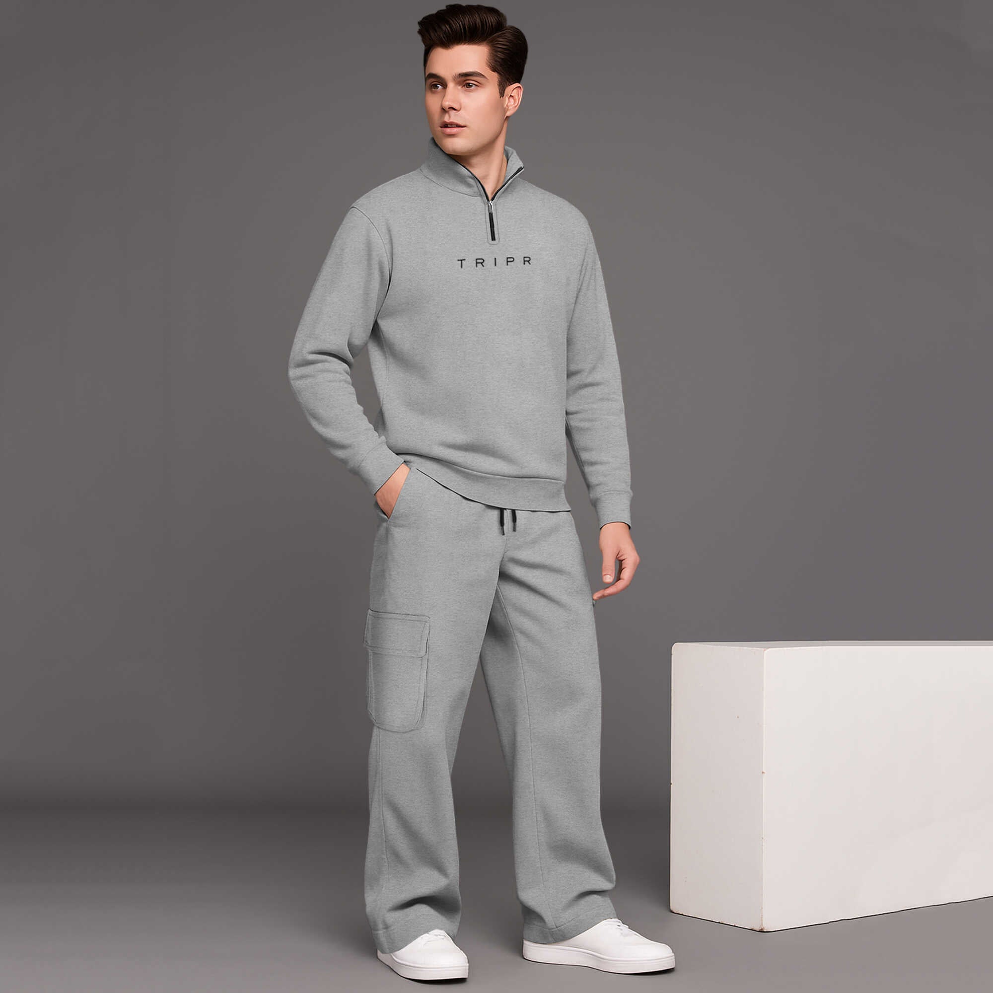 Tripr Men's Premium Gray Quarter-Zip Cargo Tracksuit Set