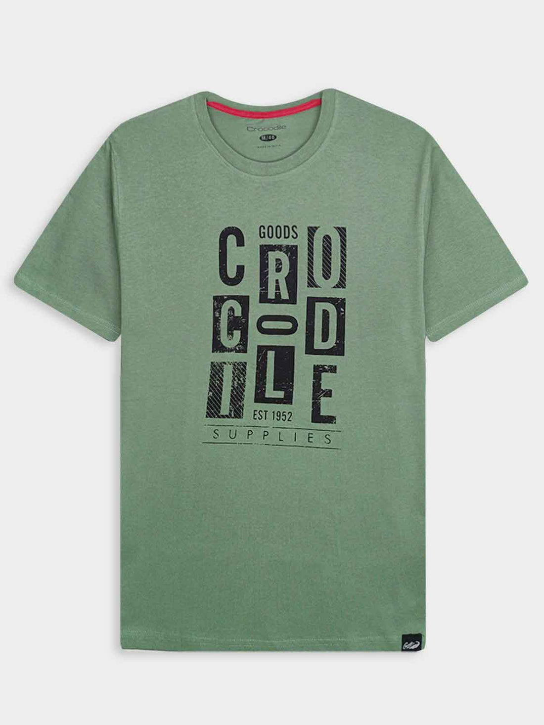 Crocodile Men Sage Green Grid Block Typographic T-Shirt